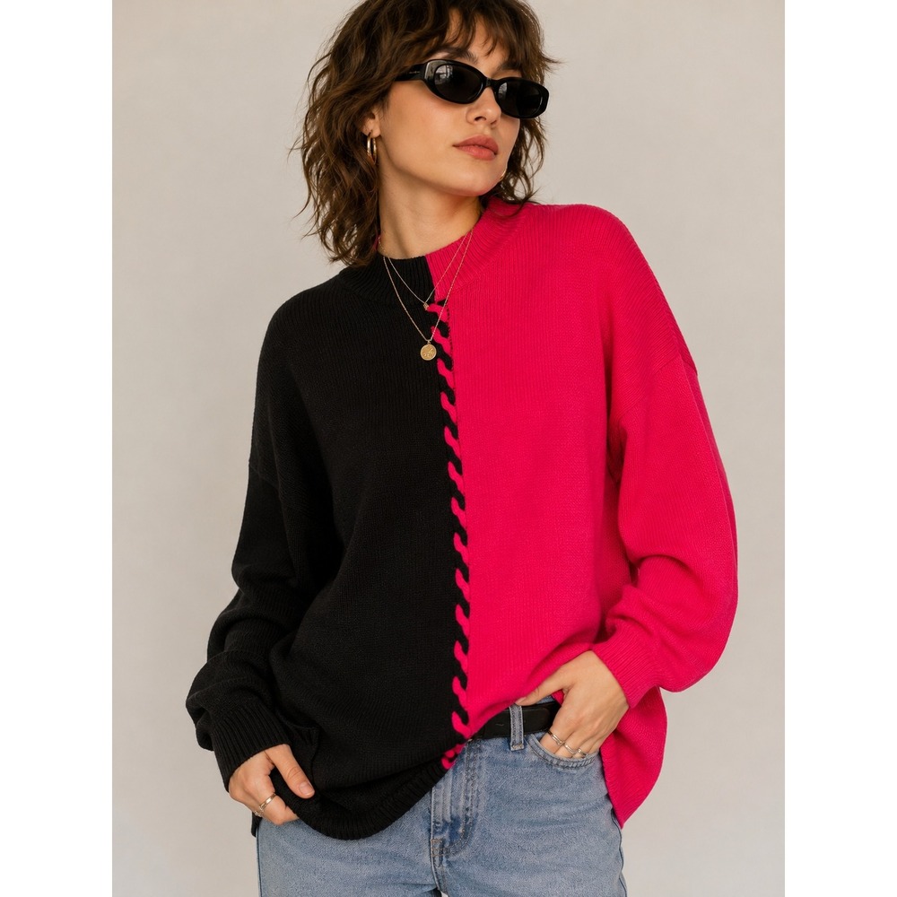Venezia 90s Colorblock Sweater 26 28 Pink Black Retro Artsy Plus Size Tunic
